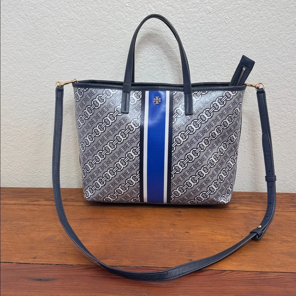 Tory Burch Gimini Link Canvas Satchel Navy and White Patterned Tote.